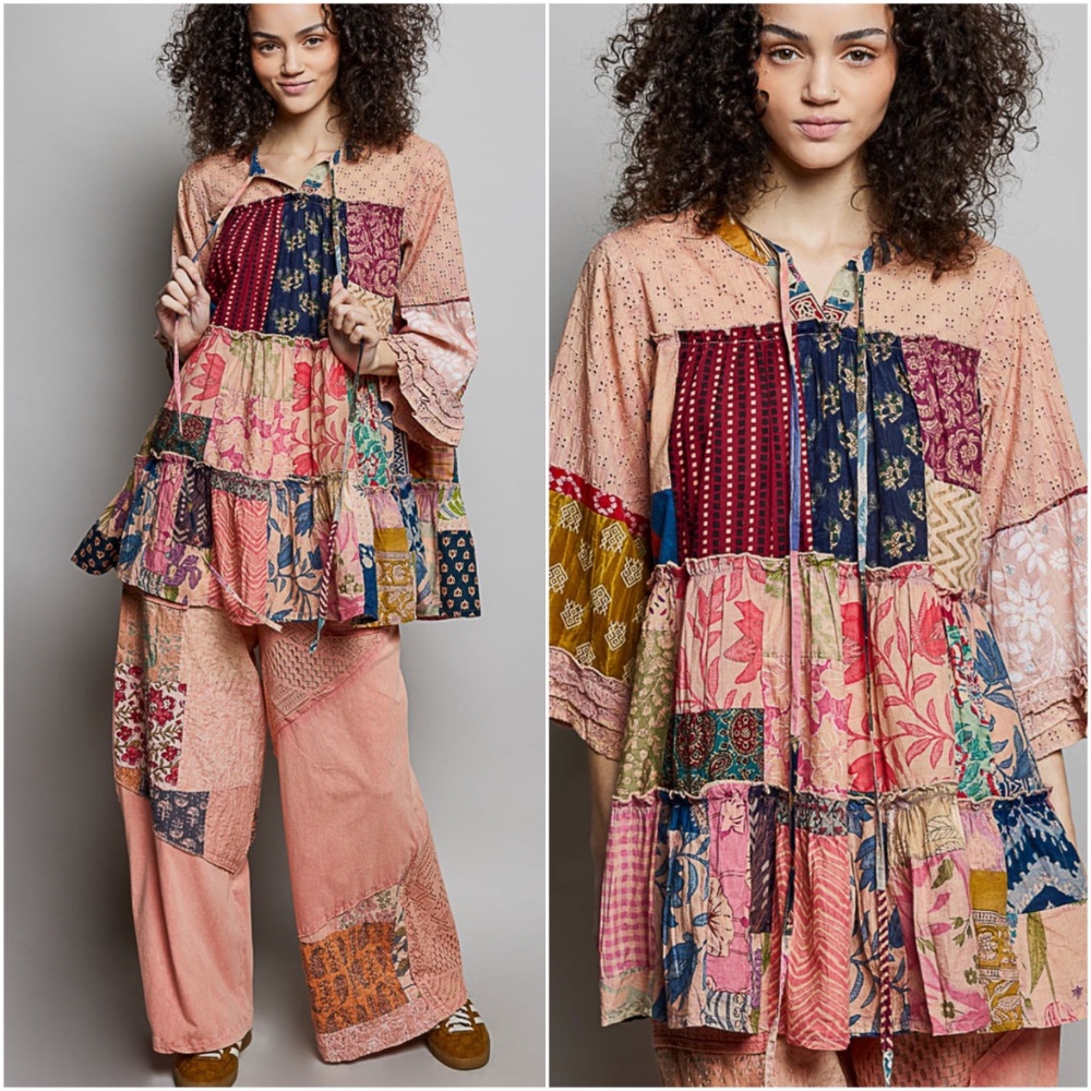 POL Patchwork Tiered Short Sleeve Tunic in Peach, Navy & Burgundy